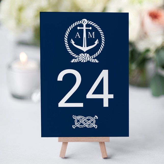 Nautical Navy Blue Anchor Wedding Monogram Table Number (Creator Uploaded)