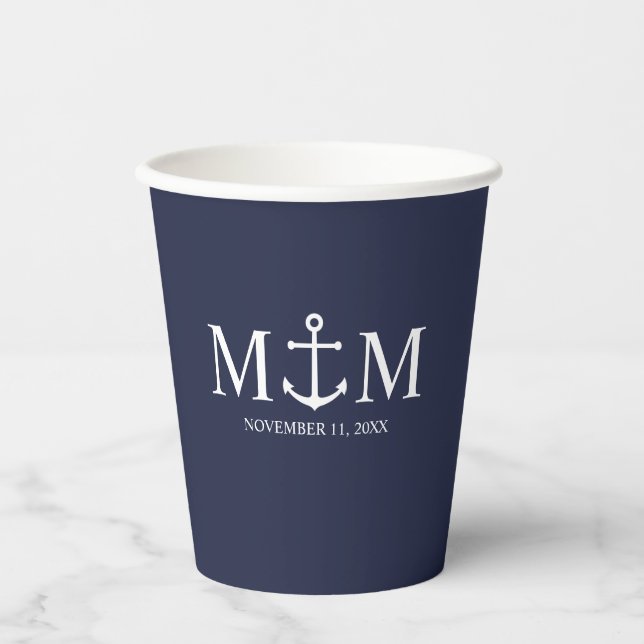 Nautical Navy Blue Anchor Wedding Paper Cups (Front)