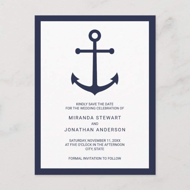 Nautical Navy Blue Anchor Wedding Save the Date Announcement Postcard (Front)