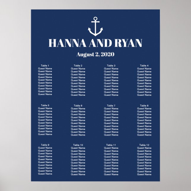 Nautical Navy Blue Anchor Wedding Seating Chart (Front)