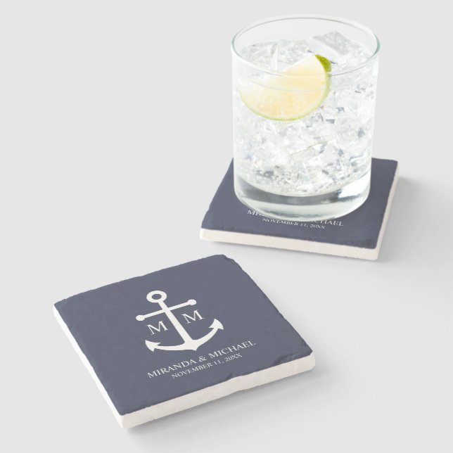 Nautical Navy Blue Anchor Wedding Stone Coaster (Side)