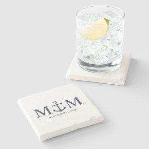 Nautical Navy Blue Anchor Wedding Stone Coaster