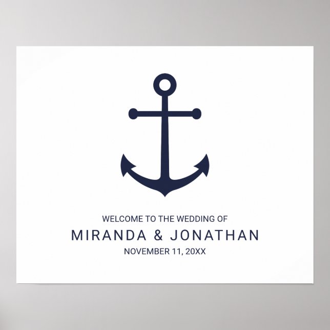 Nautical Navy Blue Anchor Wedding Welcome Sign (Front)