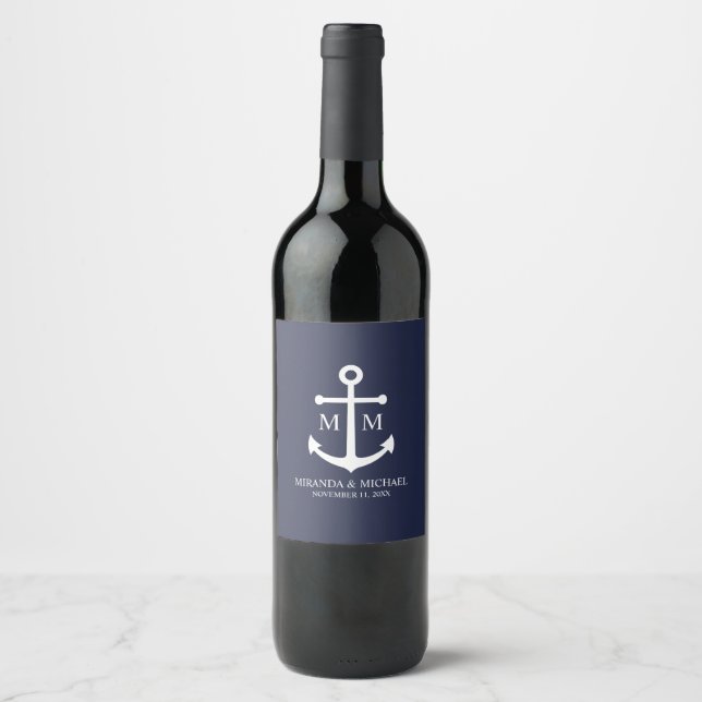 Nautical Navy Blue Anchor Wedding Wine Label (Front)