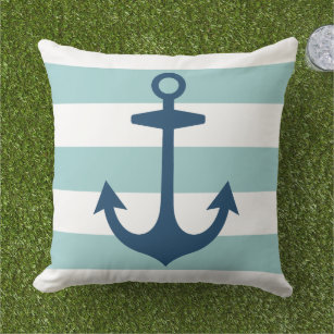 Nautical Navy Blue Anchor with Aqua Stripes Cushion