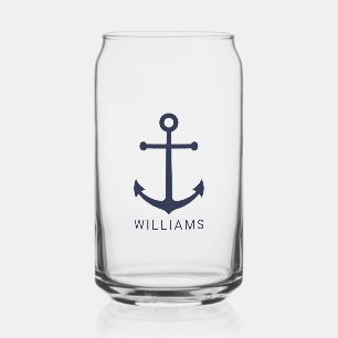 Nautical Navy Blue Anchor with Custom Name Can Glass