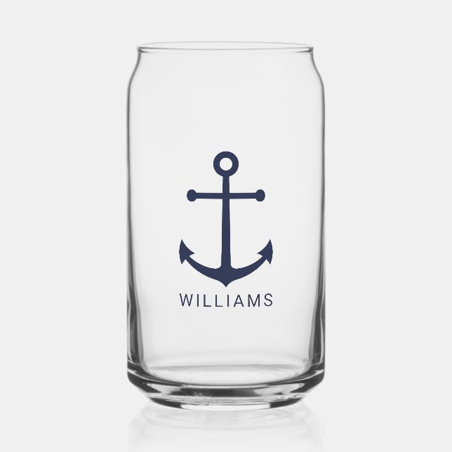 Nautical Navy Blue Anchor with Custom Name Can Glass (Front)