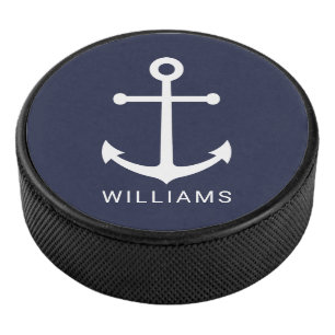 Nautical Navy Blue Anchor with Custom Name Hockey Puck