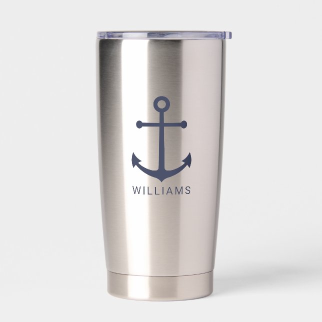Nautical Navy Blue Anchor with Custom Name Insulated Tumbler (Left)