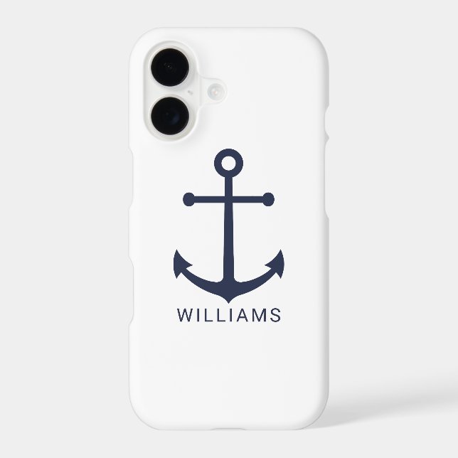 Nautical Navy Blue Anchor with Custom Name iPhone Case (Back)