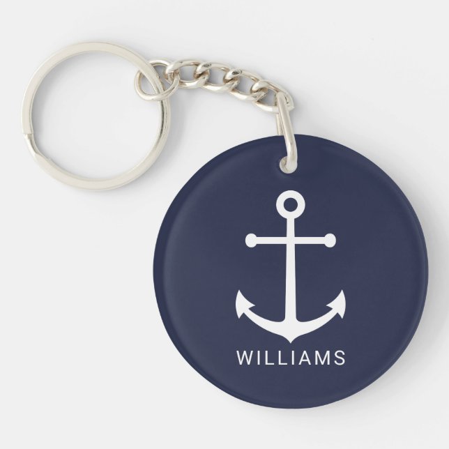 Nautical Navy Blue Anchor with Custom Name Key Ring (Front)