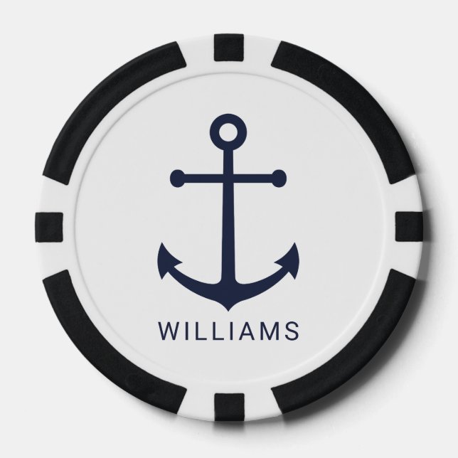 Nautical Navy Blue Anchor with Custom Name Poker Chips (Front)