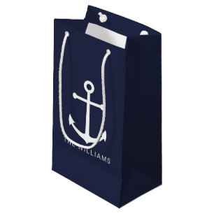 Nautical Navy Blue Anchor with Custom Name Small Gift Bag