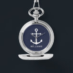 Nautical Navy Blue Anchor with Custom Name Watch<br><div class="desc">Modern Minimalist Nautical Gift featuring white anchor with personalised name in white modern sans serif font style on navy blue background.</div>