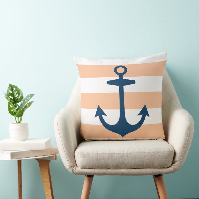 Nautical Navy Blue Anchor with Peach Stripes Cushion (Chair)