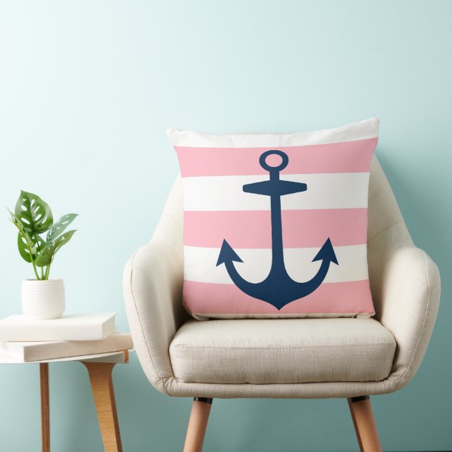 Nautical Navy Blue Anchor with Pink Stripes Cushion (Chair)