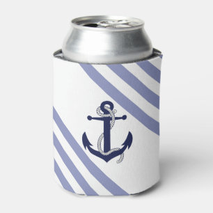 Nautical navy blue anchor with rope/blue stripe can cooler