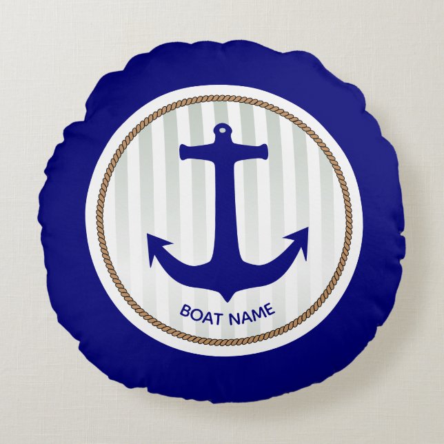 Nautical Navy Blue Anchor with Stripes Round Cushion (Front)