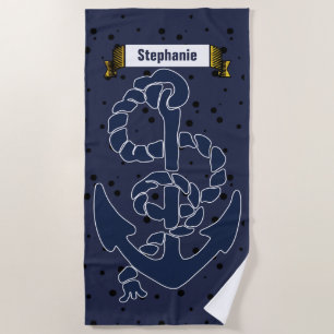 Nautical Navy Blue Anchor with Your Name or Quote Beach Towel