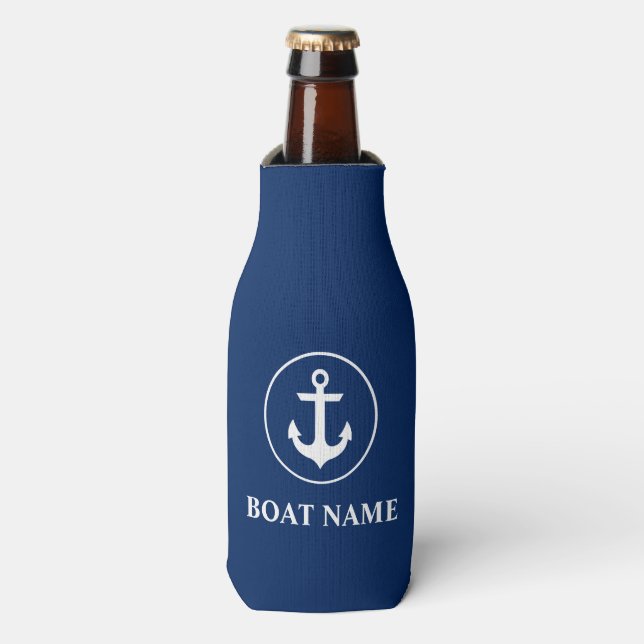 Nautical Navy Blue Anchor Your Boat Name Bottle Cooler (Bottle Front)