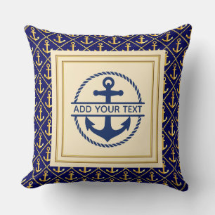 Nautical Navy Blue and Gold Custom Name Anchor Cushion