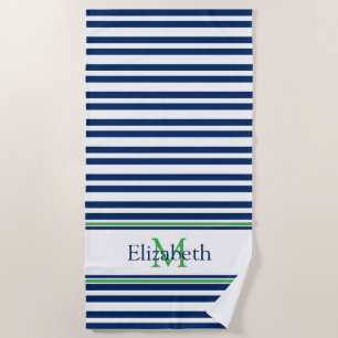 Nautical Navy Blue and Green Stripe Monogram Beach Towel