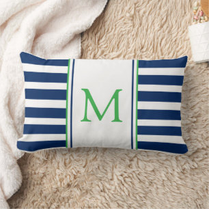 Nautical Navy Blue and Green Stripe Monogram Lumbar Cushion