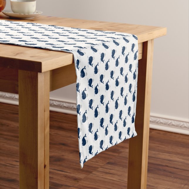Nautical Navy Blue and Grey Whales Pattern Short Table Runner (In Situ)