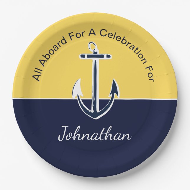 Nautical Navy Blue and Mustard Yellow Anchor Party Paper Plate (Front)