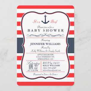 Nautical Navy Blue and Red Baby Shower Invitation
