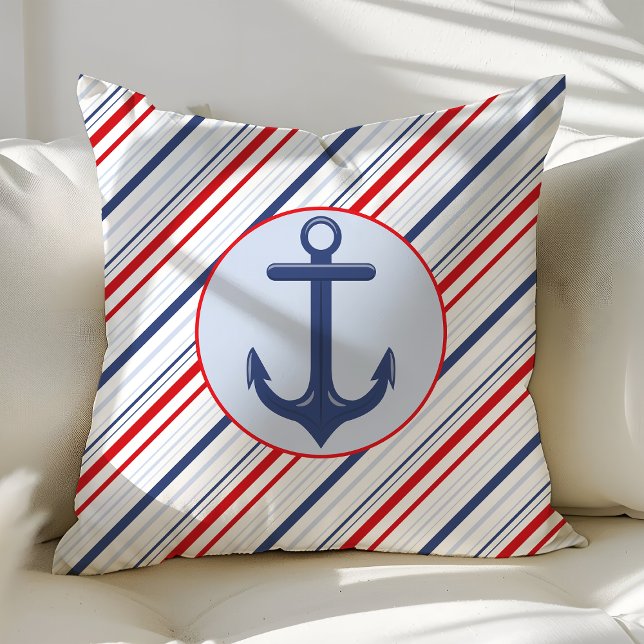 Nautical Navy Blue and Red Stripes Anchor Cushion (Creator Uploaded)