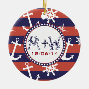 Nautical navy blue and red stripes save the date ceramic tree decoration