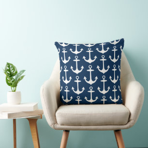 Nautical Navy Blue and White Anchor Pattern Cushion