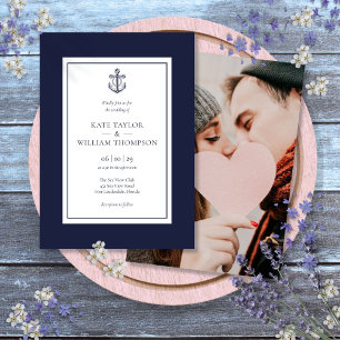 Nautical Navy Blue And White Anchor Photo Wedding Invitation