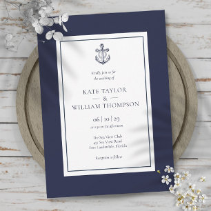 Nautical Navy Blue And White Anchor Wedding Invitation