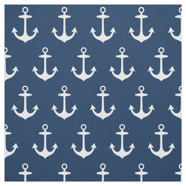 Nautical Navy Blue and White Anchors Pattern Fabric (Swatch)