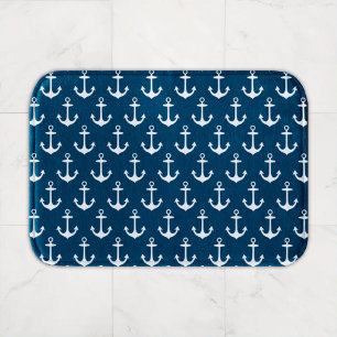 Nautical Navy Blue and White Boat Anchor Pattern Bath Mat