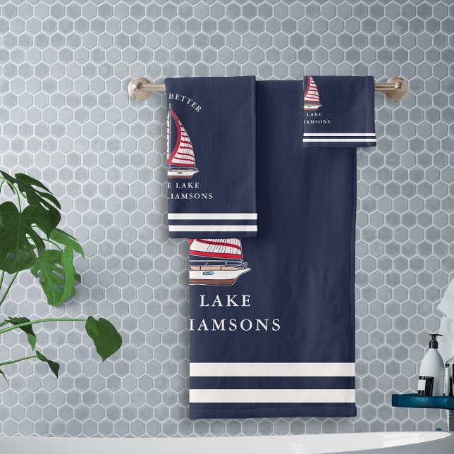 Nautical Navy Blue and White Sailboat Lake Life Bath Towel Set (Creator Uploaded)