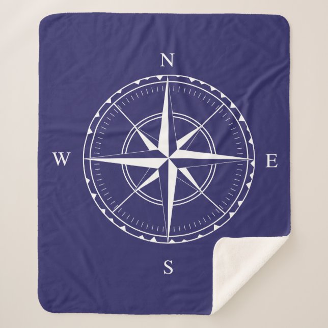 Nautical Navy Blue and White Sailing Ship Compass Sherpa Blanket (Front)