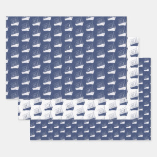 Nautical Navy Blue and White Ship Sailing Boat  Wrapping Paper Sheet