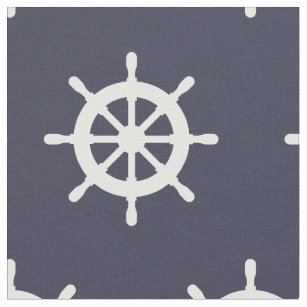 Nautical navy blue and white ship wheel pattern fabric