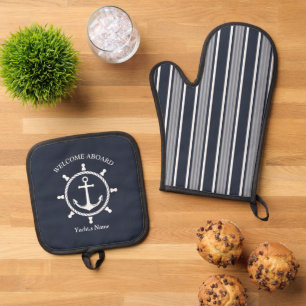 Nautical Navy blue and white striped with Anchor Oven Mitt & Pot Holder Set