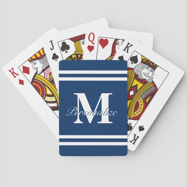 Nautical navy blue and white stripes monogrammed playing cards (Back)