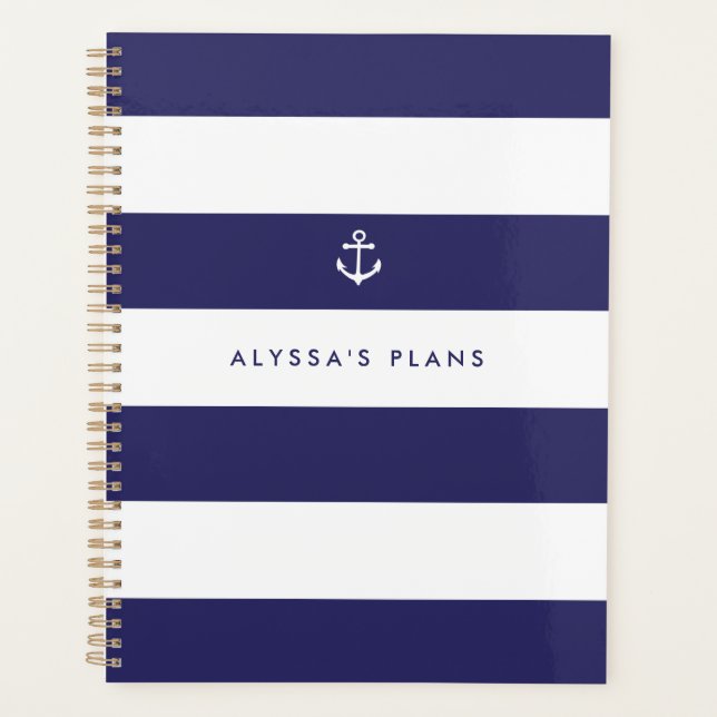 Nautical Navy Blue and White Stripes Planner (Front)