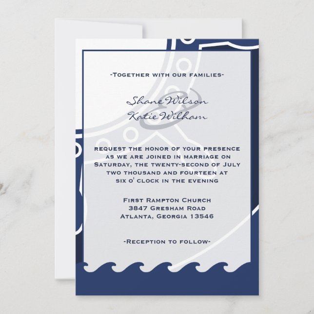 Nautical navy blue and white wedding invitations (Front)