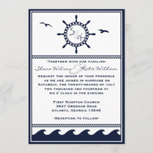 Nautical navy blue and white wedding invitations