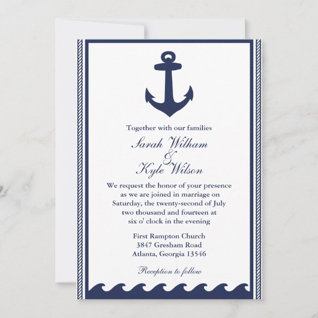 Nautical navy blue and white wedding invitations (Front)