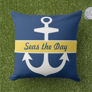 Nautical Navy Blue and Yellow Custom Boat Name Outdoor Cushion