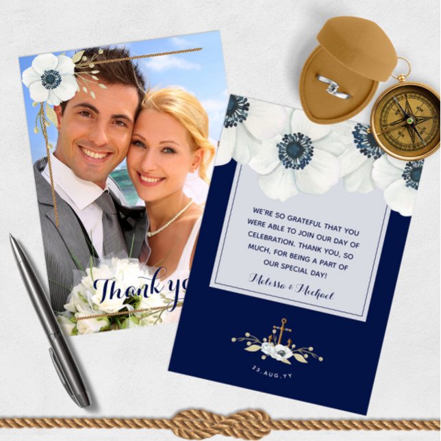 Nautical Navy Blue Anemone Wedding Photo Thank You (Nautical Navy Blue Anemone Wedding Photo Thank You 📷
)