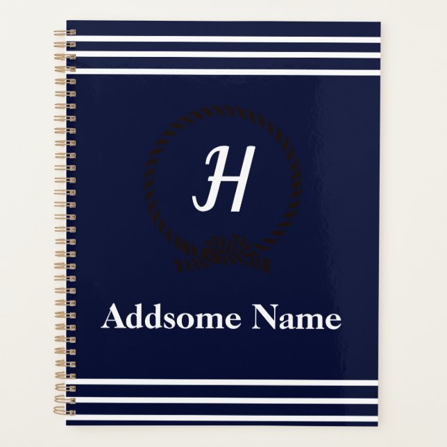 Nautical Navy Blue Beach coastal Monogrammed Planner (Front)